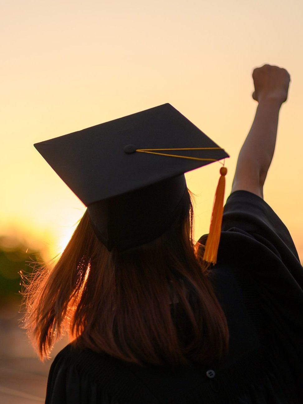 high school senior cap and gown fist in the air